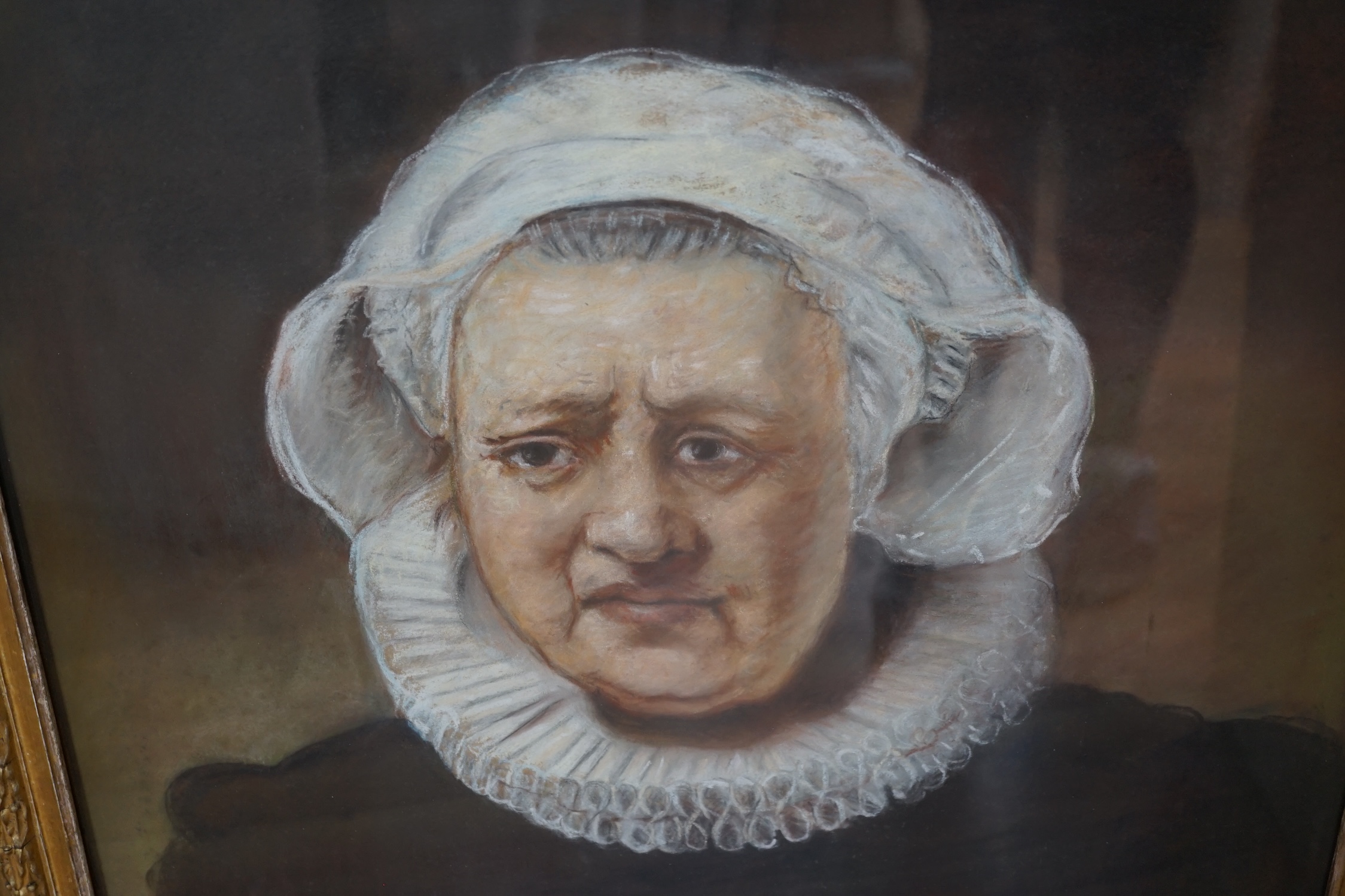 After Rembrandt (Dutch, 1606-1669), pastel, Portrait of an elderly woman wearing a ruff, unsigned, 58 x 48cm. Condition - fair